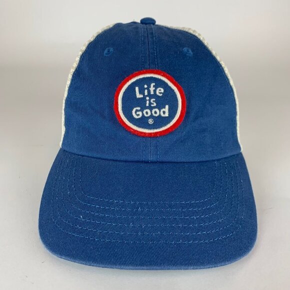 Life Is Good Mens Blue Cream Beige Relaxed Fit Snapback Trucker Hat - Picture 2 of 5